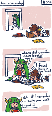 an-icarus-a-day:Being illiterate has it’s quirks, i suppose. Also [ Insert Pic of Palutena reading a book for Pit here ]goddess palutena!~ &lt;3