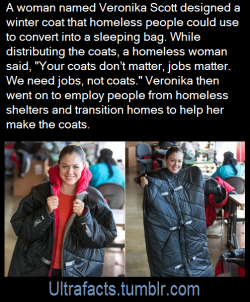 twerks4loanpayments:queen-kevlarr-heartt:ultrafacts:The Empowerment Plan is an American humanitarian organization established by Veronika Scott.The coats are ordered by nonprofit organizations for free distribution to the homeless, and the Red Cross has