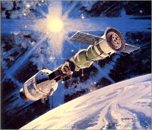 artsytoad:Robert McCall, Linkup of Apollo and Soyuz www.artsytoad.tumblr.com