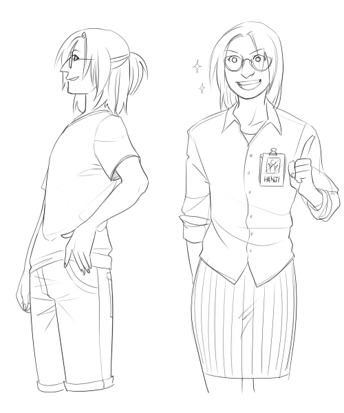 zu-art:  Modern AU Hanji not giving a crap about clothes 