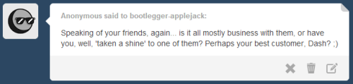 bootlegger-applejack:  Pinkie: “Rainbow Dash isn’t our best customer silly! She just sometimes puts in orders for big Wonderbolt parties and stuff!” The pink pony leaned in close, “Don’t tell AJ I told you, but Applejack and Dashie used to be