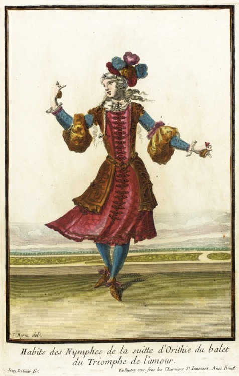Illustration of theatrical costumes worn by courtiers for court ballets from &ldquo;Recueil des mode