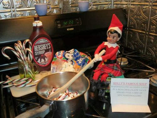 Elf on the Shelf Makes Soup Holly the elf is making her famous soup. Chocolate syrup, marshmallows, and candy canes! Sounds yummy!