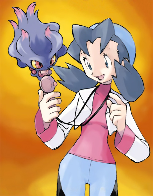 hirespokemon:2002, Ken Sugimori Kris (Marina) and her Misdreavus, posted on the old Game Freak’s web