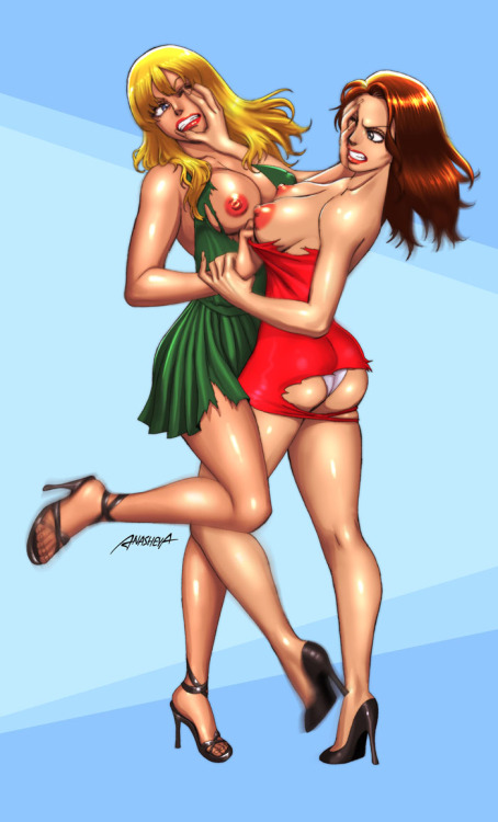 superheropornpics:  Sexy catfight action.  Still horny? Check out my Tumblr blog for more filth