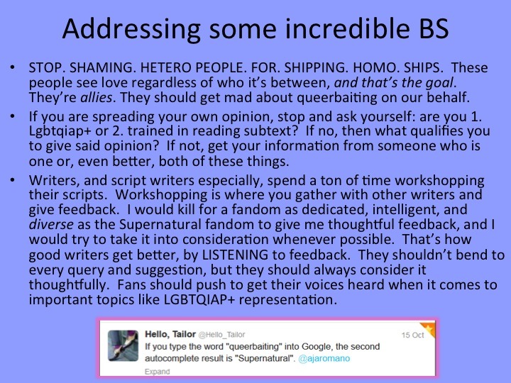 snuggydeamon:  Queerbaiting is bad: a powerpoint Sources:  Homophobic jokes original