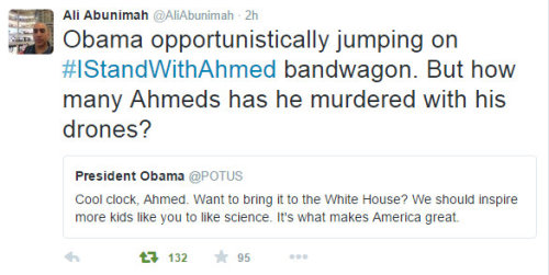 secondtolastromeo:  Ali Abunimah  on Obama’s show of support for 14 year old student Ahmad Mohamed, who was arrested for bringing a homemade clock to school under the “suspicion” it was a bomb, which is in fact just for show.  