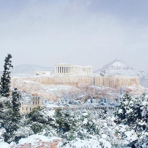 spoutziki-art:bobbycaputo:Rare Snowfall On The Acropolis In Athens, GreeceIt’s not that rare&n