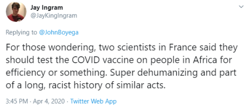 dorkichiban:profeminist:John Boyega:  “Africa isn’t a testing lab you pieces of shit.”Jay Ingram: “F