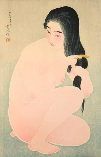 blondebrainpower:A woman combing her hair after a bathHashiguchi Goyō (1880-1921)