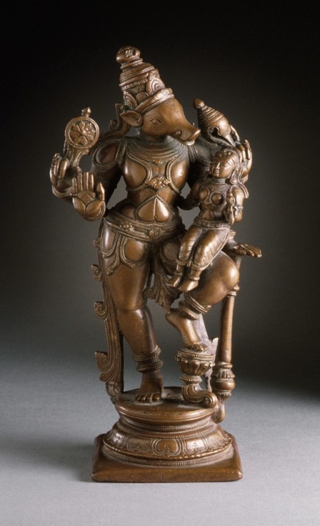 Copper sculpture of Varaha, boar avatar of the Hindu deity Vishnu.  Artist unknown; ca. 1600. &