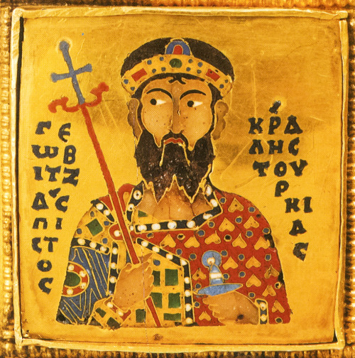 Enamel portraits of Emperors and saints on the Byzantine Holy Crown of Hungary, circa 1035-1040