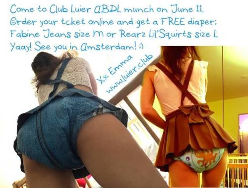 Come to our fun ABDL party in Amsterdam on June 11, and get a free Fabine Jeans or Rearz Lil’ Squirts diaper 