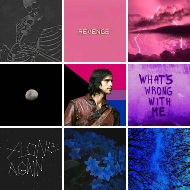a 3x3 moodboard. 1: two greyscale skeletons in an embrace. 2: white text on a pink background reading “revenge” 3: a pink lightning storm. 4: the moon on a black sky. 5: Túrin Turambar from the Silmarillion, facecast as Luke Pasqualino from BBC TV show The Three Musketeers, on the background of a demi-bisexual pride flag. 6: purple graffiti on a purple wall reading “what’s wrong with me” 7: the words “alone again” stylized like a constellation. 8: little blue flowers. 9: bare tree branches against a dark blue sky.