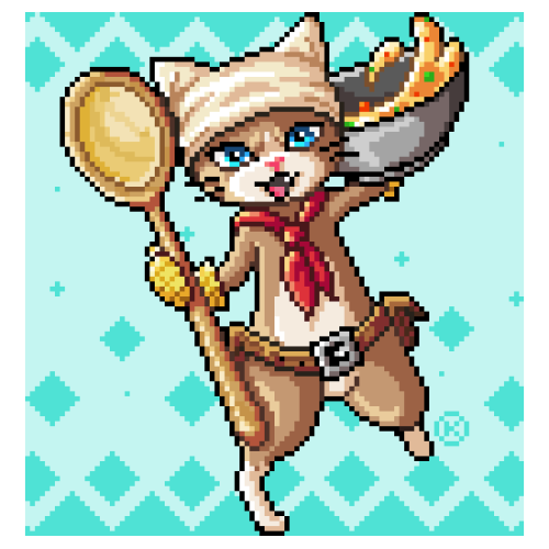 （ΦωΦ）More Palico pixels! The little cook palico’s in the canteen are some of my favs!