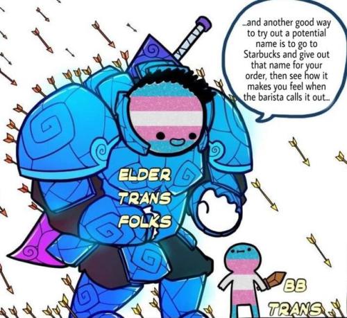 bisexualbaker:[Image: An enormous trans adventurer (“Elder Trans Folks”) in high grade a