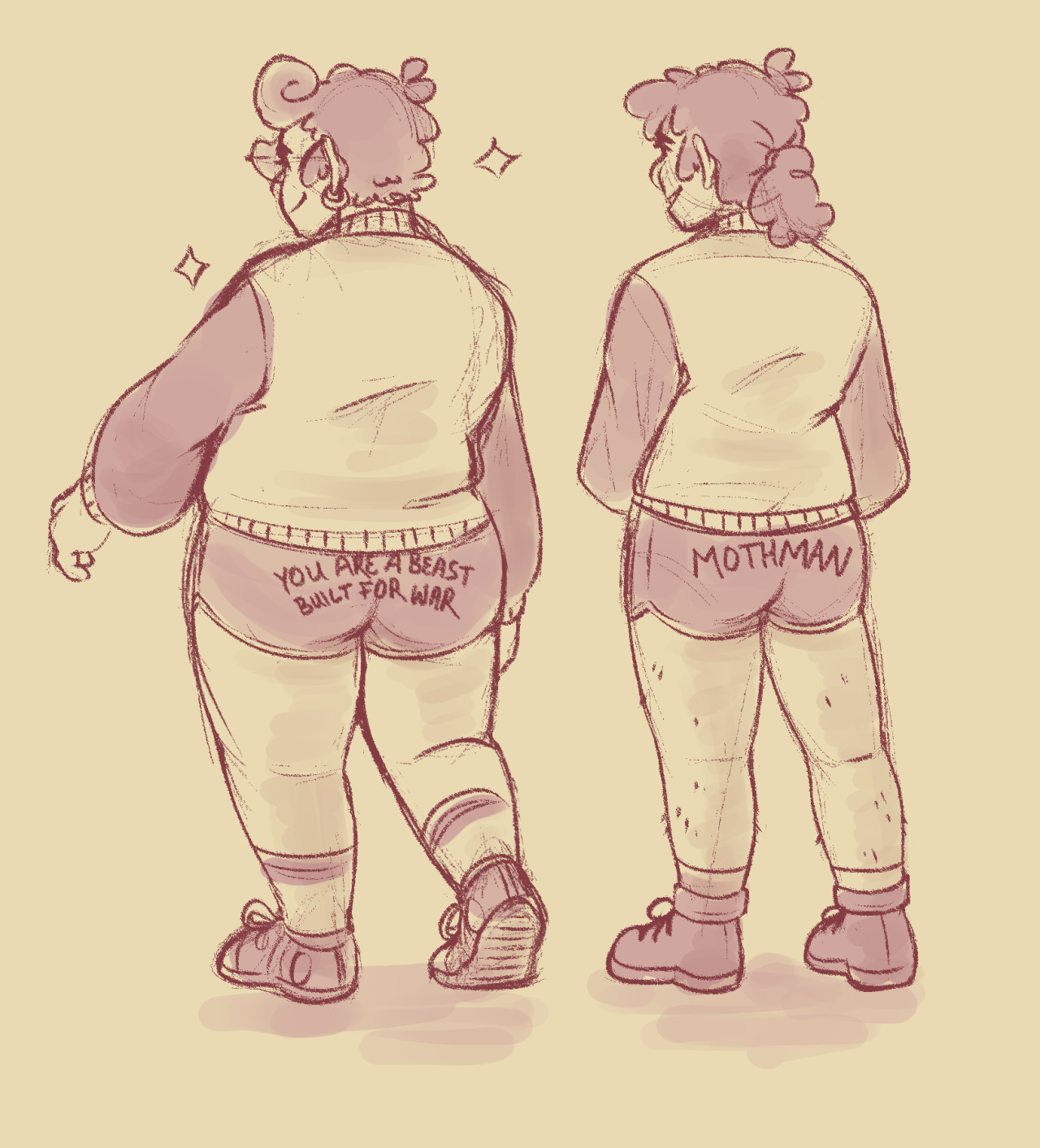 from a pinterest compilation image of slogan booty shorts I picked the two most likely to be worn by the young adult pines 