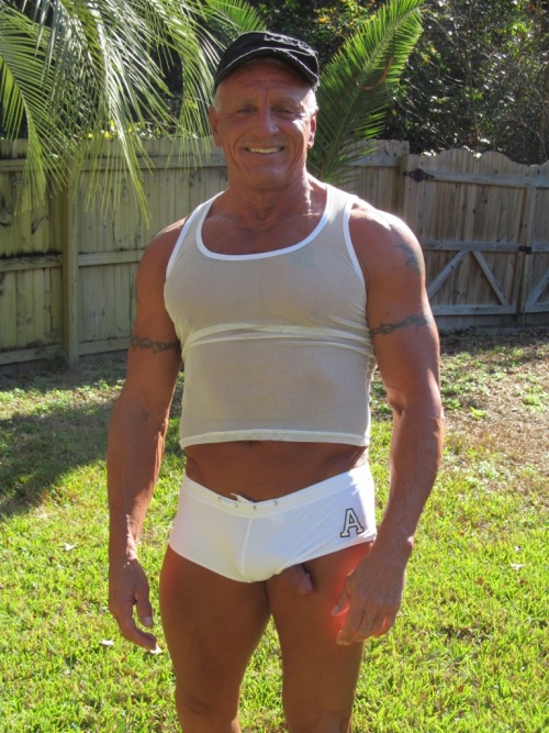 maturemanexhibitionist: Me in some very snug fitting white short shorts. I tried to keep them on as 