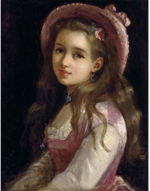 Sophie Anderson, Portrait of a young girl, halflength in a pink dress and hat