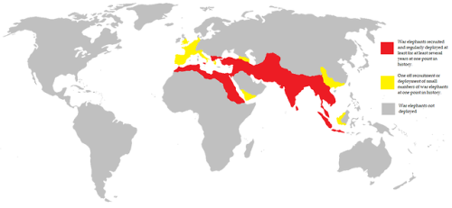 thedogopera:historicalevents:Historical range of the use of war elephants throughout historyme, a si