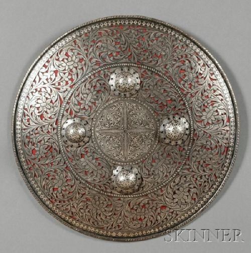 Indo-Persian Silver Inlaid Decorative Steel Shield , round, with central stylized foliate roundel an