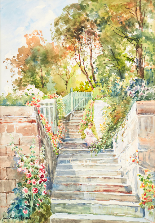 pintoras:Anna Gardell-Ericson (Swedish, 1853 - 1939): Woman sitting on staircase amongst flowers (vi