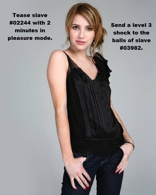 Emma Roberts monitoring the chastity slave control center.