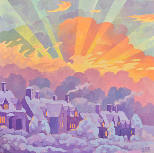 pinkstarlightcomputer:Guy Warner “Winter Sunset Cottages at Little Barrington, Gloucestershire, under a heavy fall of snow” Oil on canvas 