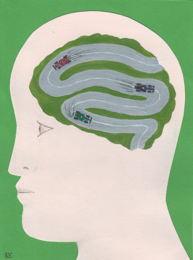 Simple outline drawing of the profile view of a head, eye open and the brain visible, on cream card, against a light green background. The brain is painted in an olive green colour, with a grey racetrack curving around inside it. On the top curve in the road is a red racing car, on the middle curve in the road is a blue racing car, and on the lowest curve in the road is a green racing car, with black lines behind each to indicate speed. In the bottom left hand corner of the image is the artist initials "R.E." in black ink.