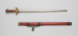 art-of-swords:  Sword with Scabbard Dated: 16th–19th century Culture: Chinese or Korean Medium: steel, wood, bronze, gold, silver, iron, pigment Measurements: blade length 2 ft. (61 cm)  Source: Copyright © 2014 The Metropolitan Museum of Art 