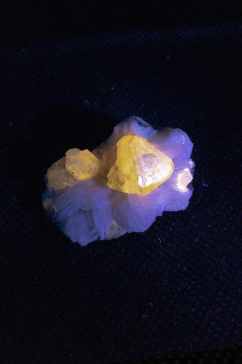 Cerussite with Baryte and Galena displaying fluorescenceLocality: Unknown375 nm (Longwave) UV Light