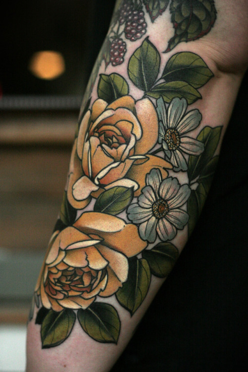 Wrapping yellow roses and cosmos and a healed dusty pink rose for Chella. Full shots of her arm next