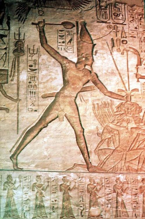 Pharaoh smiting his enemies, 13th century BC, Battle of Kadesh. Detail of a wall relief from the Gre