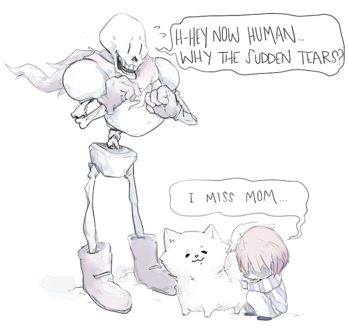 qwq:  I was honestly just wanting to draw some cute frisk cuddling a dog but I changed course and figured, “yknow the dog’s white fur kinda reminds me of toriel for some reason” so i drew a sad frisk. With Papyrus. He was supposed to be keeping