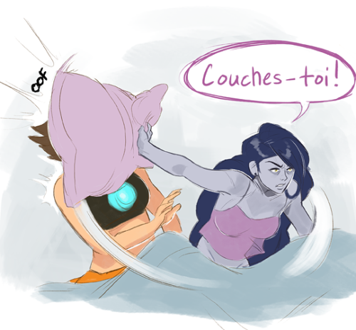 xekstrin:  bekuh:  Sometimes you gotta ask the big questions, and sometimes you gotta backhand ur time-skipping gf with a pillow to shut her up Based on/Inspired by this text post **Couches-toi : Lie down! (go to bed!)   