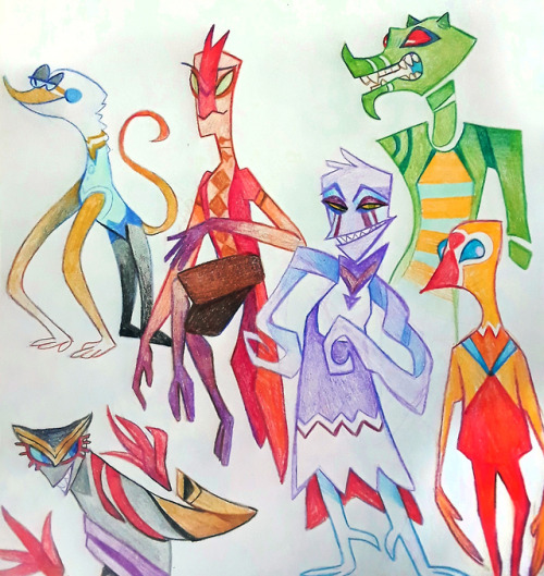 blank-sketchbooks:colored pencil stuffs with some recurring characters, random critters, & abstr