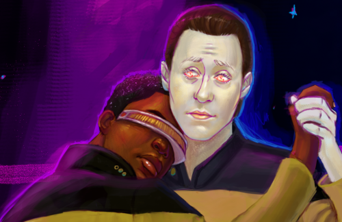 liquidxsin:Beam me up. Data and Geordi dancing in front of a glowy purple, dark blue and night sky b