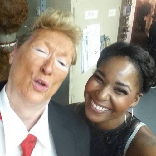 jukadiie:  visavee:  snatchedweaves:  justlearningasigo:  coconutmilk83:  Meryl Streep, dressed as Donald Trump, backstage at the  2016 Public Theater Gala at Delacorte Theater on June 6, 2016 in New  York City (source 1, source 2)  She did not OMG  BYE