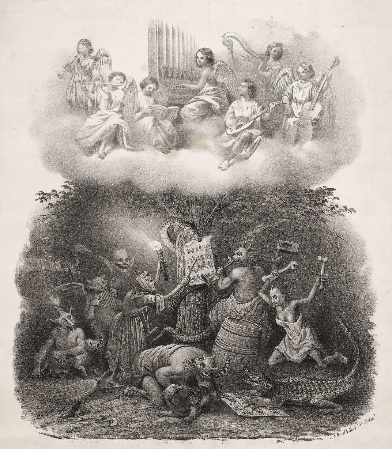 James Fuller Queen (1821-1886), ‘Angels playing music in Heaven, Harpies playing music in Hell’, 1857
Source