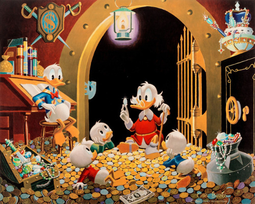 This Dollar Saved My Life At Whitehorse.1973 oil painting by Carl Barks, referencing his 1952 Uncle 