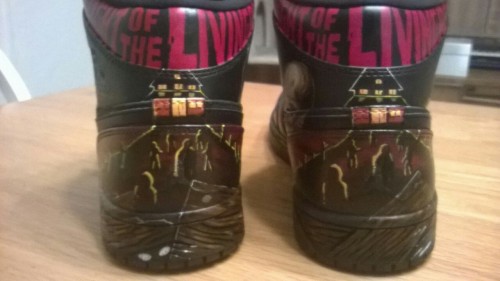 wearmyart: Night of the Living Dead custom shoes. Hand painted with carved soles to look like wood. 