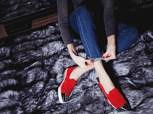 High Heels Blog Find your sporty edge with these Red Suede Cap-Toe Flats by Miu… via Tumblr