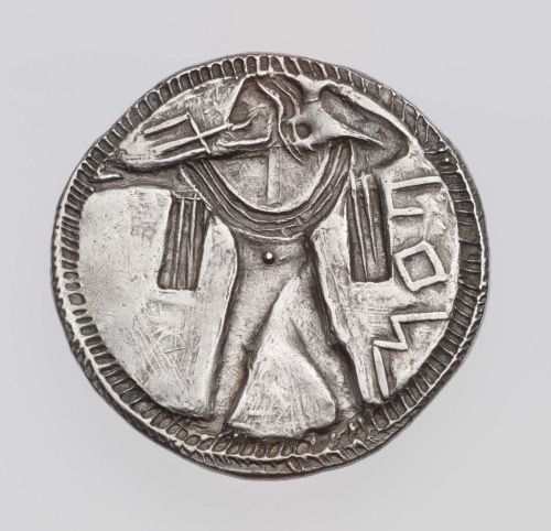 theancientwayoflife: ~Stater of Poseidonia with Poseidon hurling trident. Culture: Greek Period: Arc