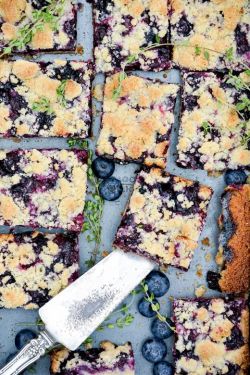 kate-loves-kale:  Blueberry-thyme pie bars by Floating Kitchen This isn’t a vegan recipe, but if you use a flax egg and vegan butter, you should be good to go! 