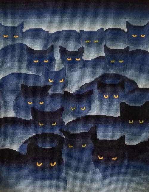 crossstitchworld:Judgy Kittehs ask why it took 20 years to finish. Tsk tsk. Smokey Mountain Cats by 