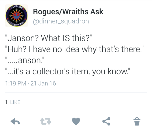 askroguesquadron:Why you should follow us on Twitter: you can get live updates on Wes Janson’s toy c