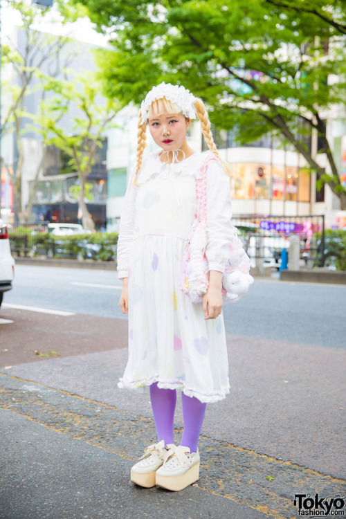 19-year-old Jueun on the street in Harajuku wearing a pastel style with a sheer heart print dress, r