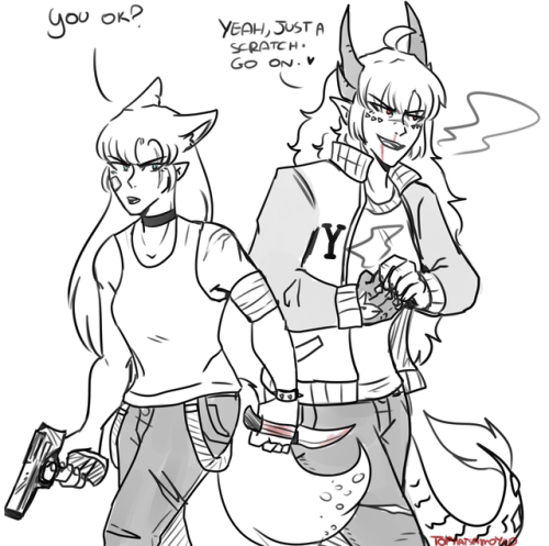 tophatsamoyed: i mashed up the requests…. here’s a shitty doodle of dragon yang feat fox weiss being