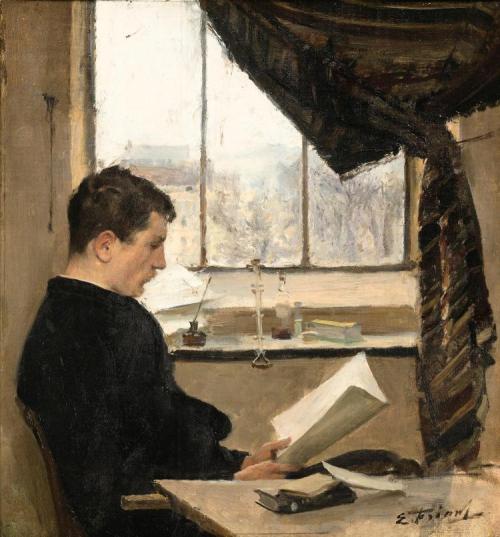 Portraituresque:    Emile Friant | Self-Portrait Reading In The Studio  