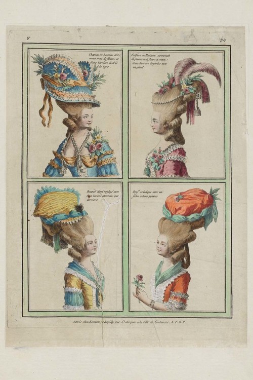 French fashion plates of hairstyles and headdresses, 1778